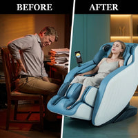 Blue Faux Leather Zero Gravity Recliner 3D Programmable Massage Chair — Before & After