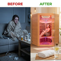 Multifunctional 2-3 Person Infrared Sauna for Home, 2180W Indoor Sauna with 7-Color LED Ambient Light, Red Light Feature, Oxygen Bar, Dual Bluetooth Speakers, 360° Surround Heating — Before & After