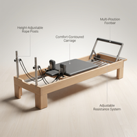 Pilates Reformer Built for Home Studios, Compact Design, Adjustable Resistance, Group Ready — infographic