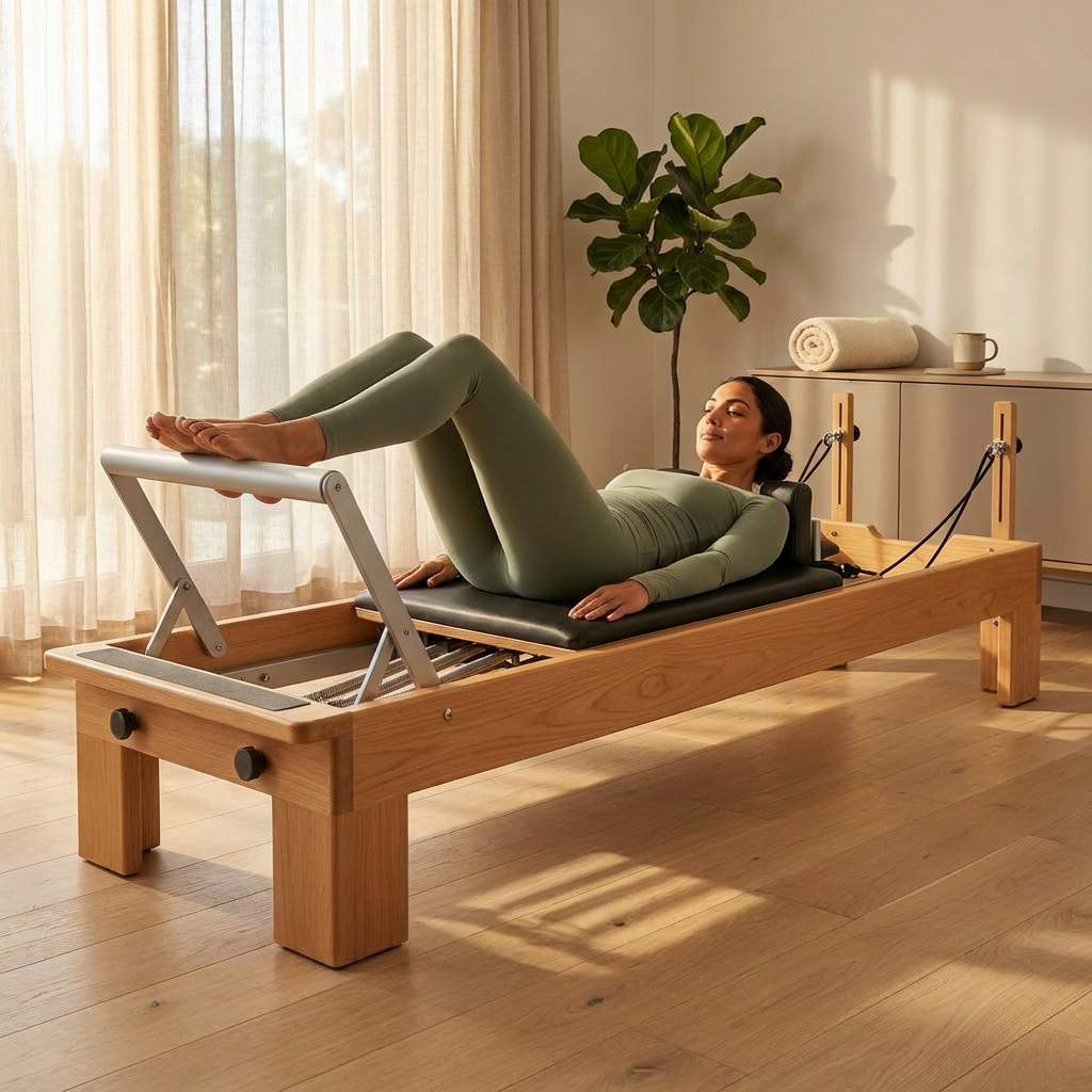 Pilates Reformer Built for Home Studios, Compact Design, Adjustable Resistance, Group Ready — Lifestyle