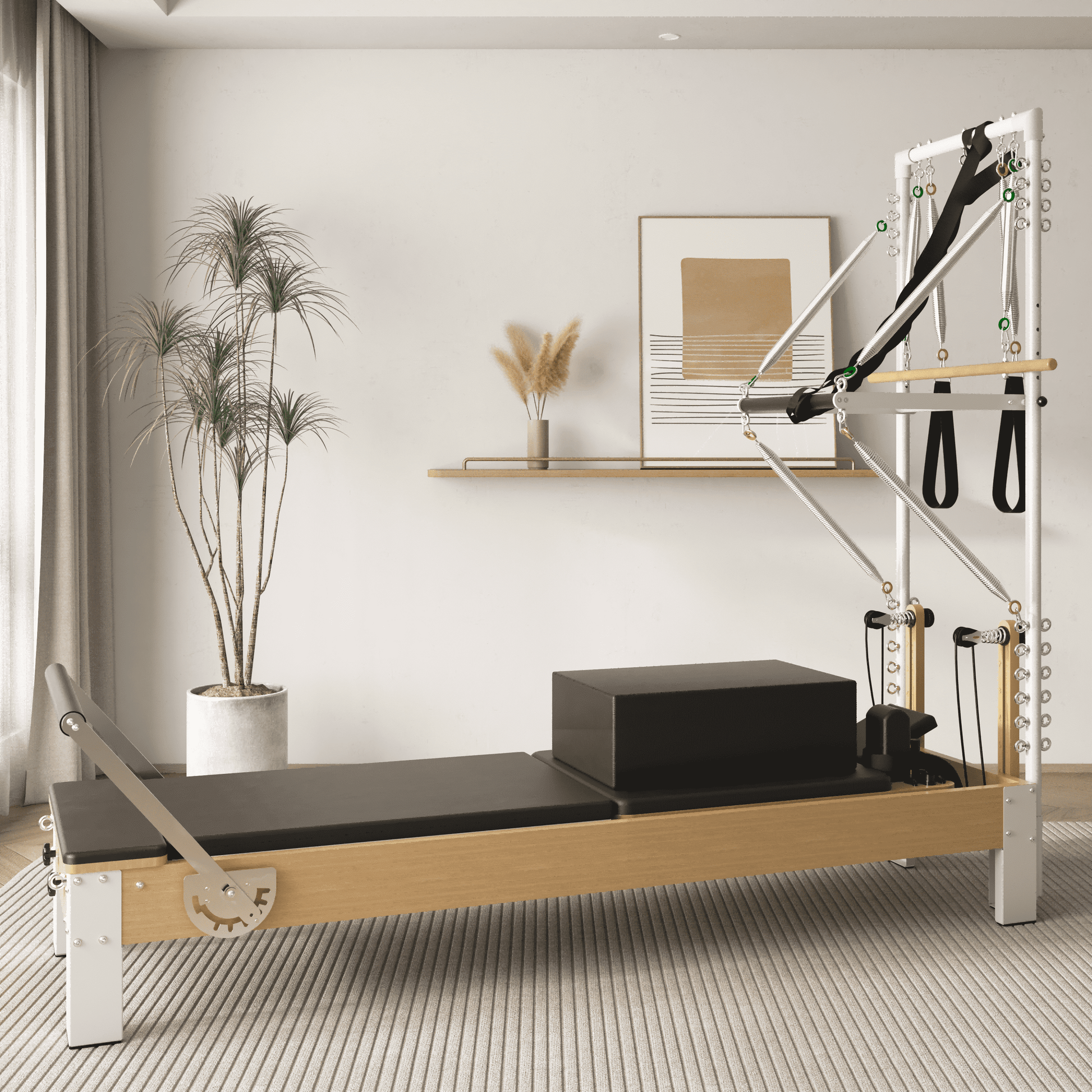 Pilates Reformer, Wooden Pilates Reformer Machine with Tower & Mat, Pilates Equipment for Home Workout and Studio, with Reformer Accessories, Sitting Box, Jump Board