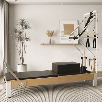 Pilates Reformer, Wooden Pilates Reformer Machine with Tower & Mat, Pilates Equipment for Home Workout and Studio, with Reformer Accessories, Sitting Box, Jump Board