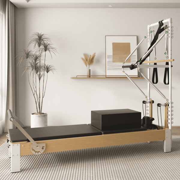 Pilates Reformer, Wooden Pilates Reformer Machine with Tower & Mat, Pilates Equipment for Home Workout and Studio, with Reformer Accessories, Sitting Box, Jump Board